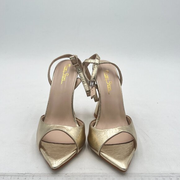 Milooey Gold Peep Toe Sexy Flared Chunky High Heels Buckled Slingback Sandal - Picture 3 of 8